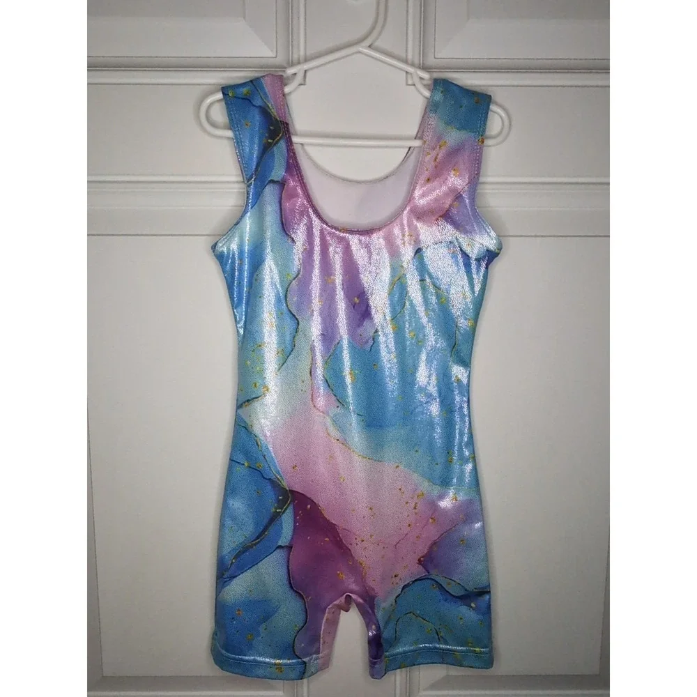Girls Leotard Pink Blue Shiny Marble Dance Ballet Size M (6/8 Or 130 Cm)